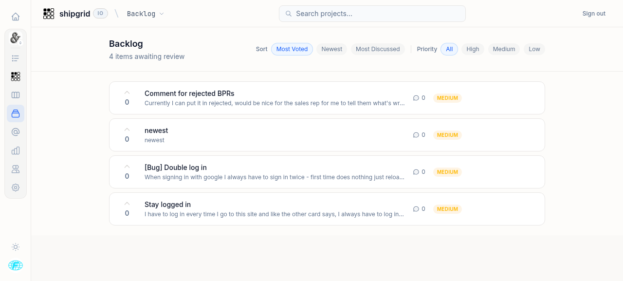 Backlog view in Shipgrid