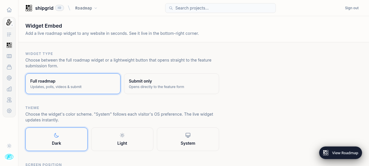 Widget view in Shipgrid
